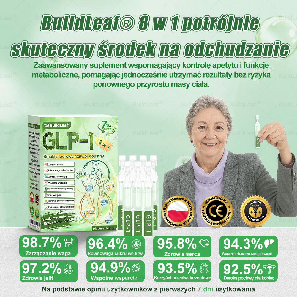 🖤🔥 Oficjalny sklep 👩‍⚕️ BuildLeaf® GLP-1 8-w-1 roztwór doustny (raz dziennie, efekty w 7 dni) Wspiera odchudzanie, serce, cukier, sen, jelita, stawy oraz ujędrnia skórę i dodaje energii
